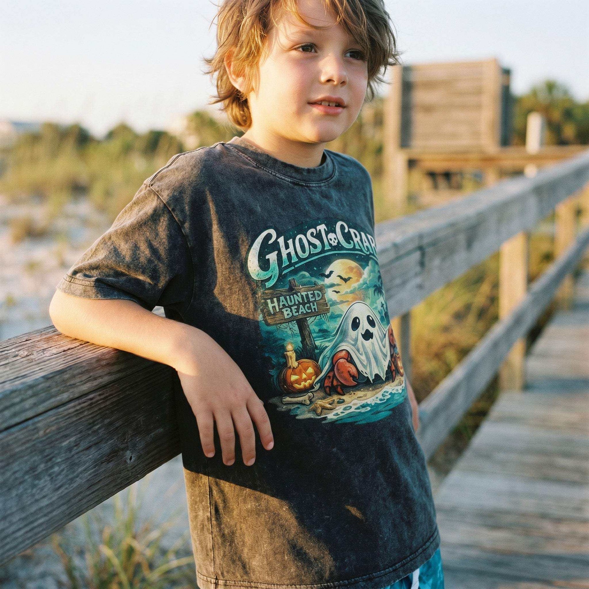 Ghost Crab Snow Washed Kids' T-Shirt with coastal Halloween ghost crab graphic on vintage cotton fabric