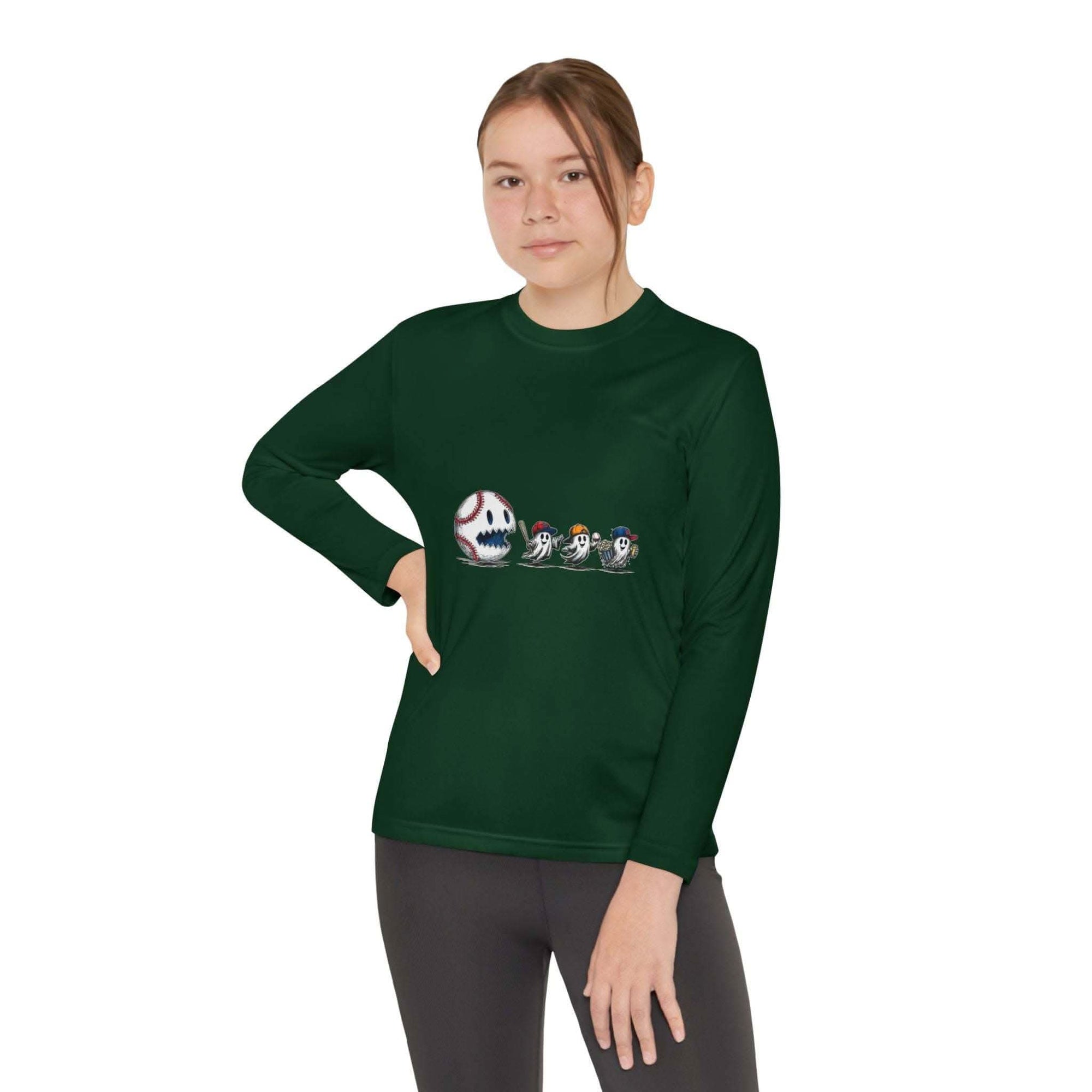 Youth tee with baseball eating Halloween ghosts design long sleeve shirt for kids