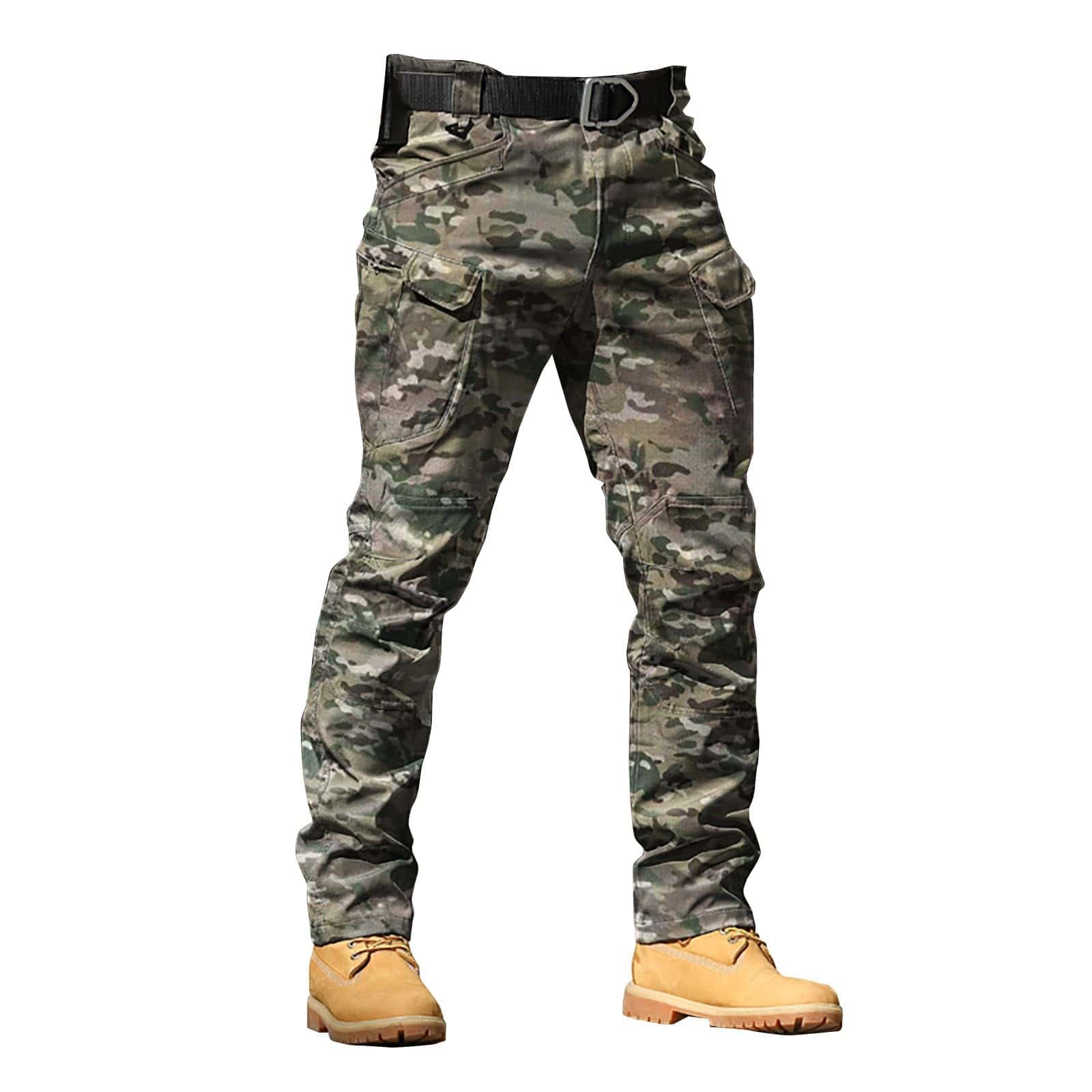 Men wearing outdoor cargo pants with multiple pockets and elastic waist in casual setting