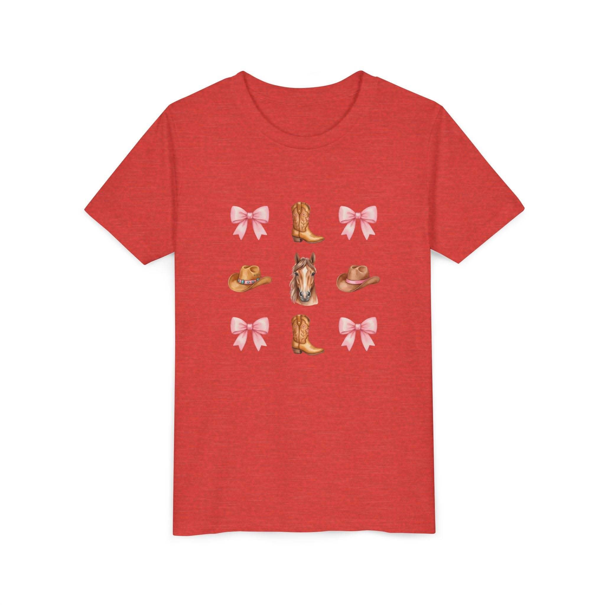 Cowboy Horse & Boots Coquette Bow Pattern Youth Tee | Pink Bows, Western Hat, Rodeo Kids Shirt