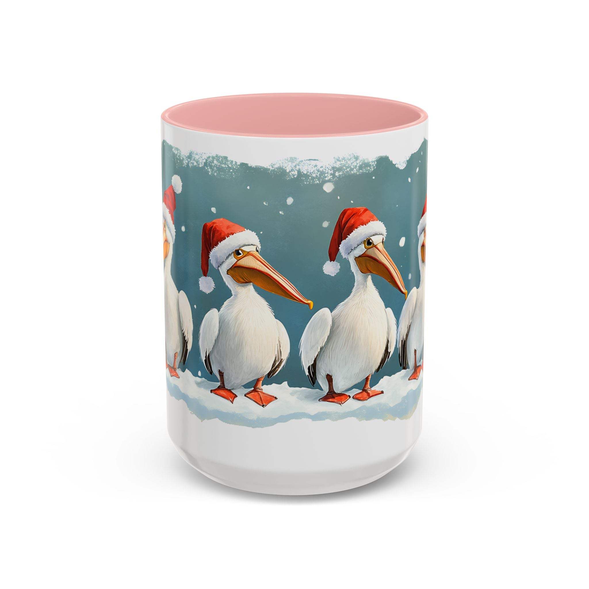 Mug with Christmas design featuring pelicans wearing Santa hats on a white background