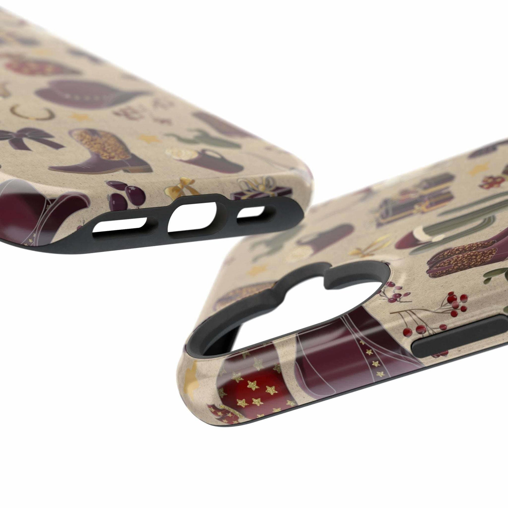Cowboy Christmas design phone case for iPhone 17 in glossy finish by Printify, featuring festive colors and patterns.