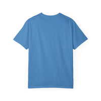 Blue garment-dyed T-shirt with soft texture and seamless knit back view