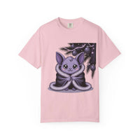 Gothmas Bat T-Shirt featuring a cute gothic bat under holiday ornaments on soft pink garment-dyed cotton tee