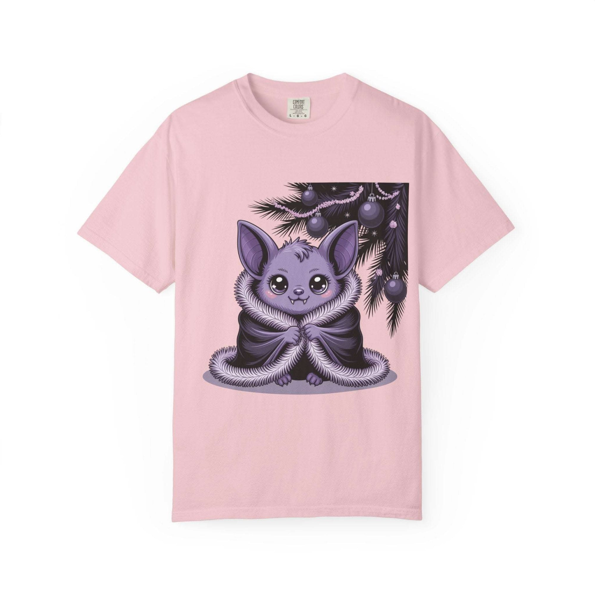 Gothmas Bat T-Shirt featuring a cute gothic bat under holiday ornaments on soft pink garment-dyed cotton tee