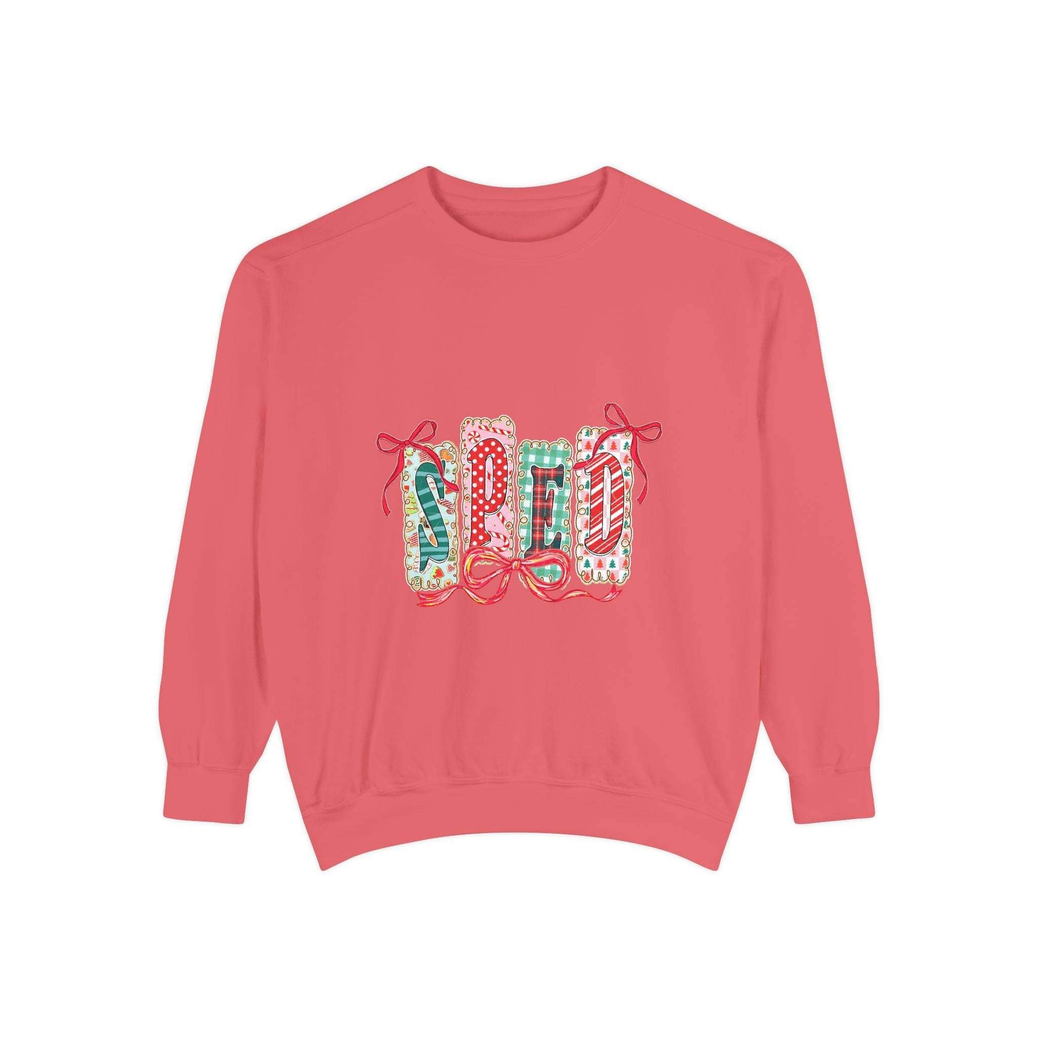 Pepper garment-dyed sweatshirt for preppy SPED teachers, featuring a festive Christmas design by Printify