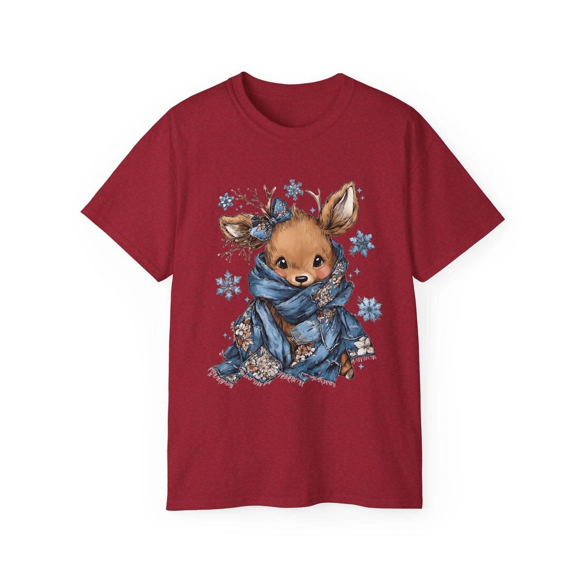 White t-shirt with retro patchwork reindeer design wearing blue scarf and surrounded by snowflakes
