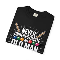 Black t-shirt with pool cue and ball design and text 'Never Underestimate an Old Man' on a white background