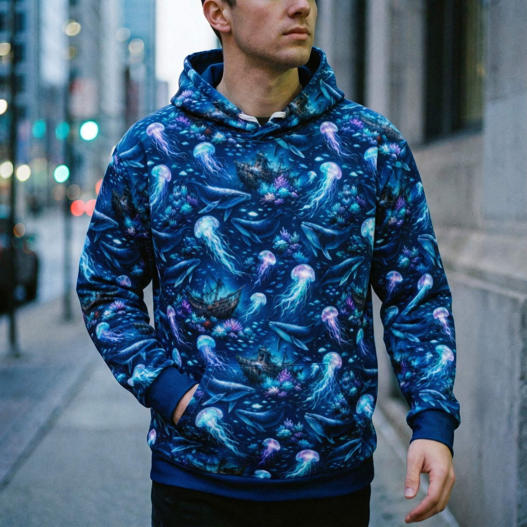 Unisex cotton hoodie with ocean jellyfish and whale marine artwork