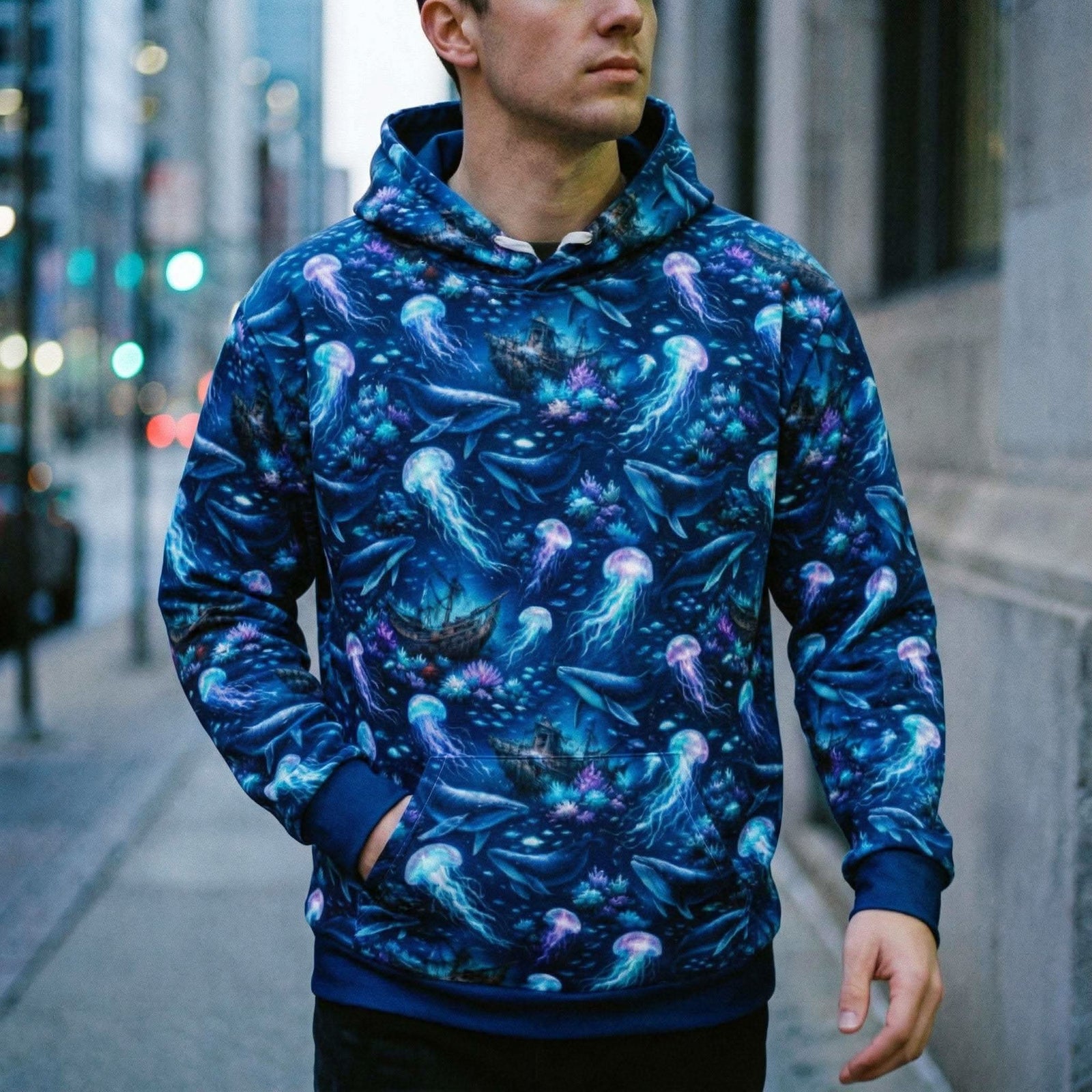 Unisex cotton hoodie with ocean jellyfish and whale marine artwork