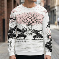 Samurai Cherry Blossom sweatshirt with silhouetted samurai warriors and pink cherry blossoms design