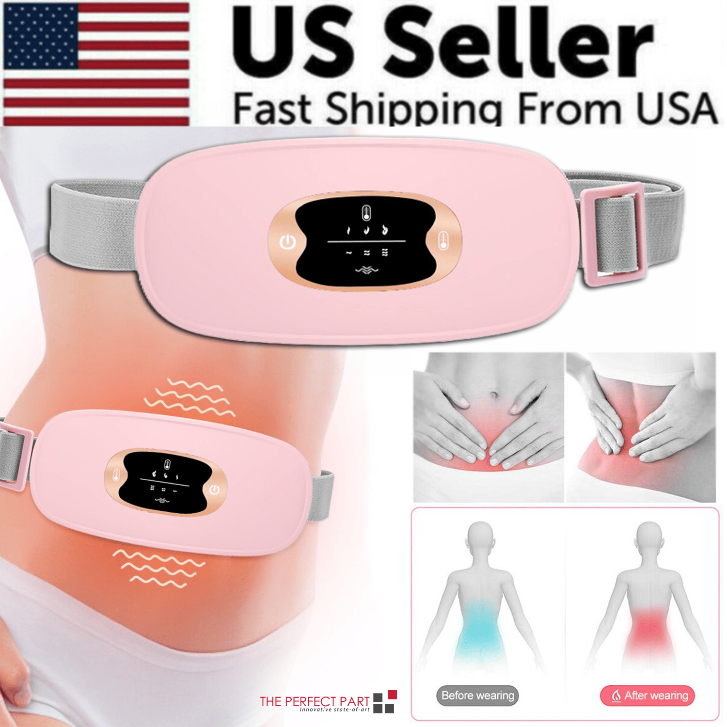 Pink heated menstrual relief vibrating belt with adjustable fit and quick heating features