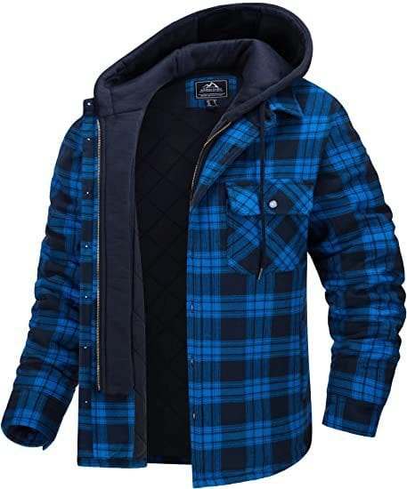 Men's plaid hooded coat in blue and black, thick padded casual jacket with button and zip-up closure
