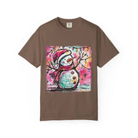 White unisex t-shirt featuring a colorful disco ball snowman design, perfect for festive dance parties.