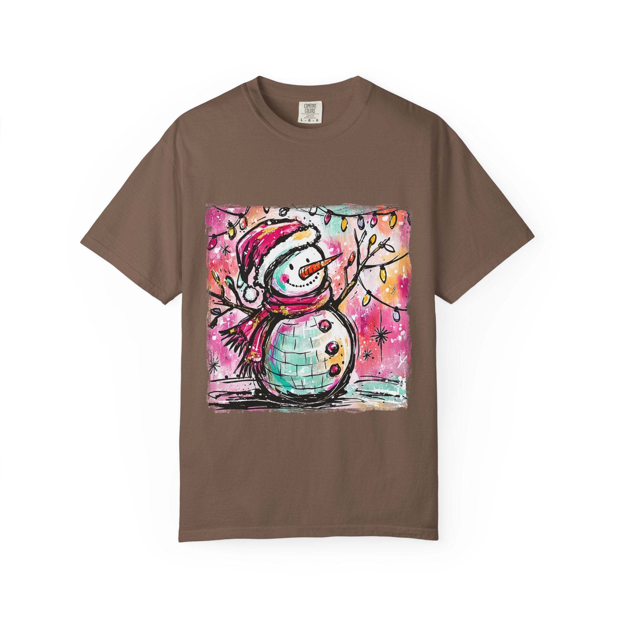 White unisex t-shirt featuring a colorful disco ball snowman design, perfect for festive dance parties.