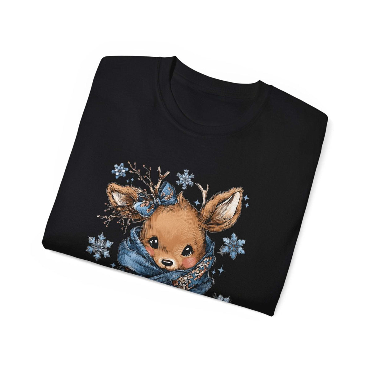 White t-shirt with retro patchwork reindeer design wearing blue scarf and surrounded by snowflakes