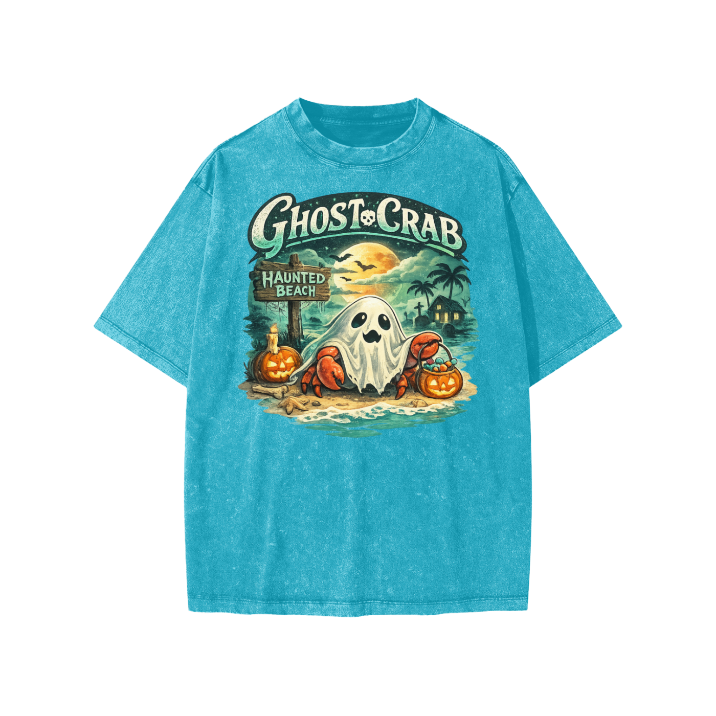 Ghost crab snow washed kids' t-shirt with coastal Halloween graphic on vintage cotton fabric