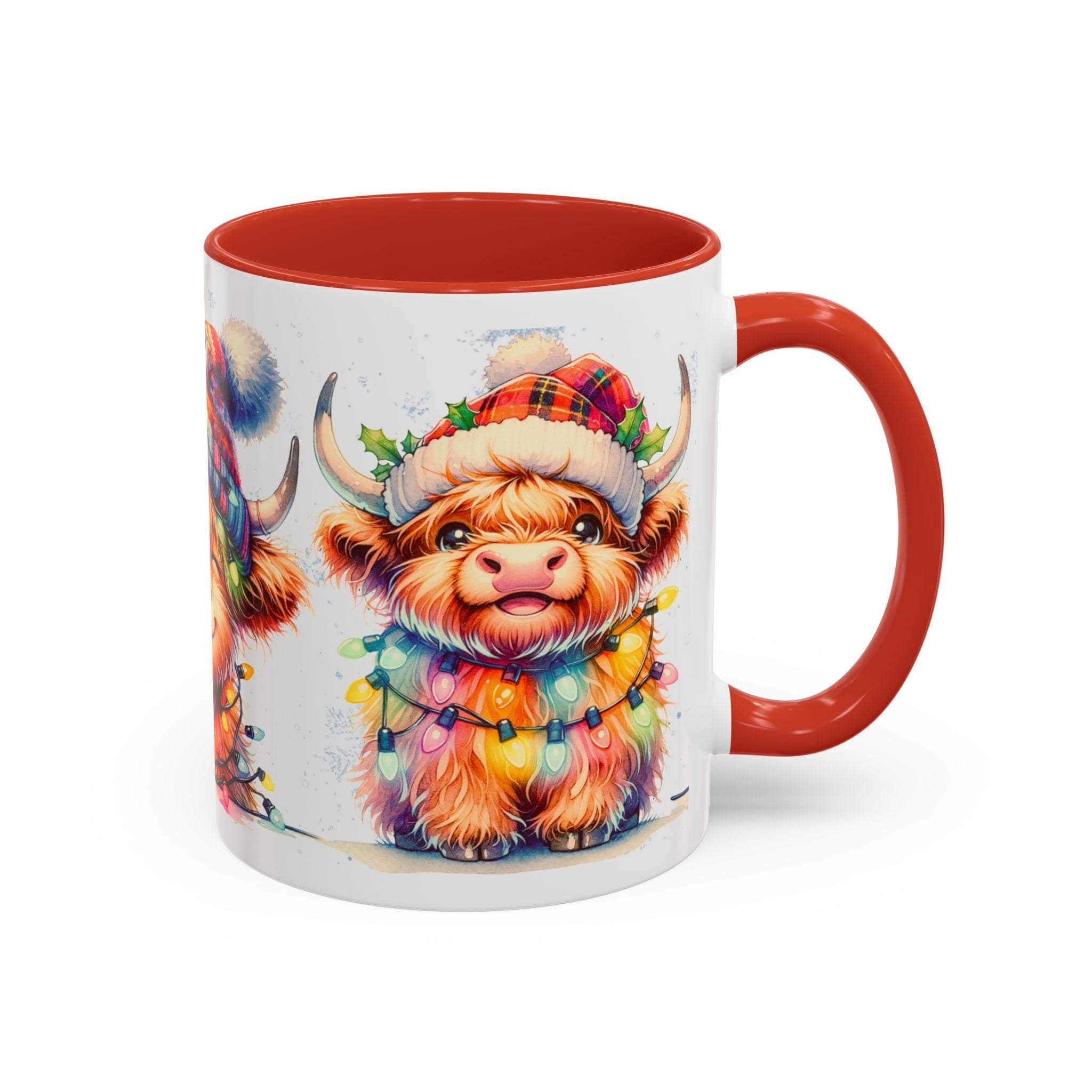 Mug with a colorful highland cow design and red interior and handle on a white background