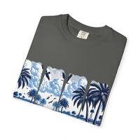 Blue Chinoise Brushstroke T-Shirt with soft blue chinoiserie brushstroke design on relaxed garment-dyed cotton tee