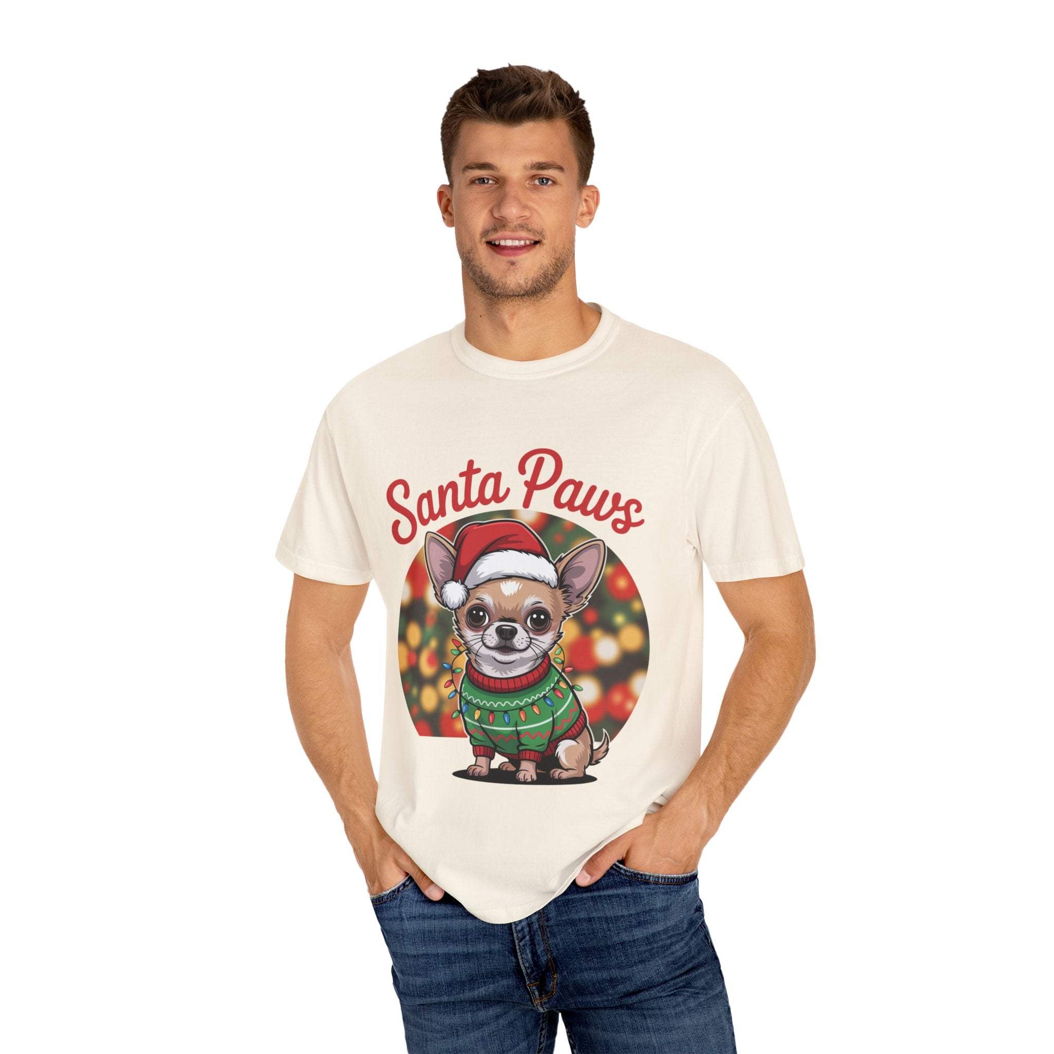 Bay Chihuahua Santa Paws T-Shirt from Printify, festive holiday pet apparel for dog lovers