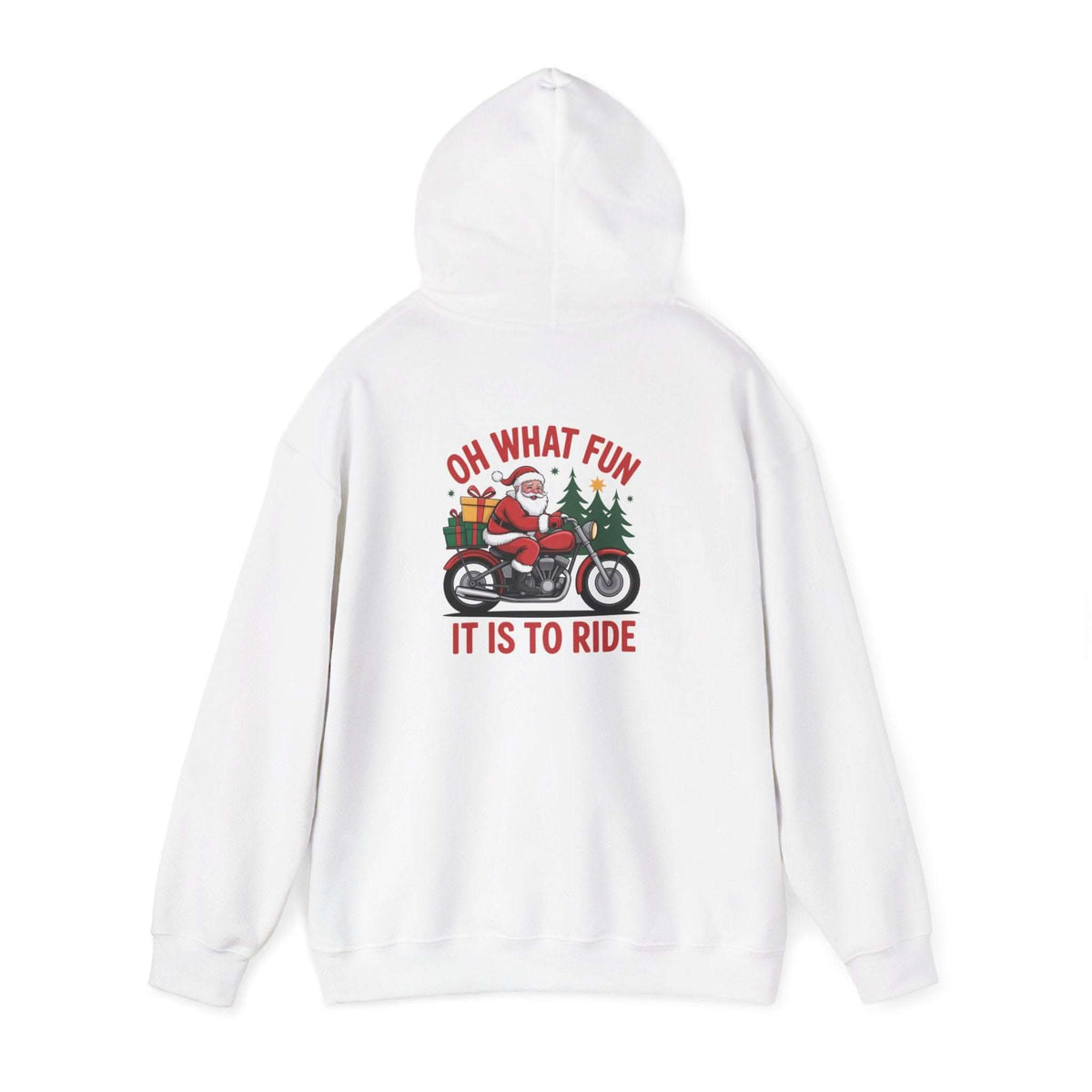 Santa motorcycle hoodie in black, featuring festive graphics, perfect for holiday celebrations and motorcycle enthusiasts.