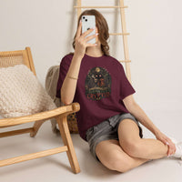 Surreal Mothman cryptid tee with glowing eyes holding coffee in cozy blanket under moonlit forest