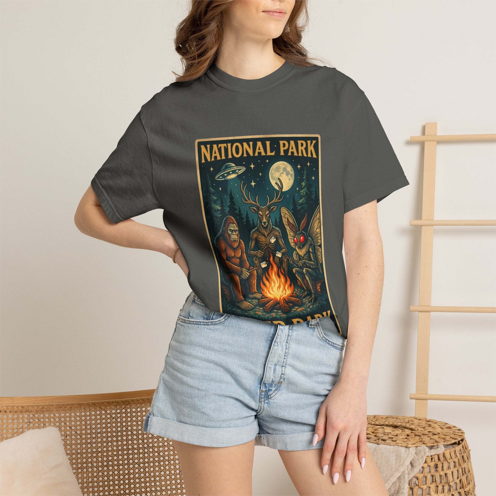 National Park After Dark T-Shirt | Campfire Sasquatch Mothman Night Creatures