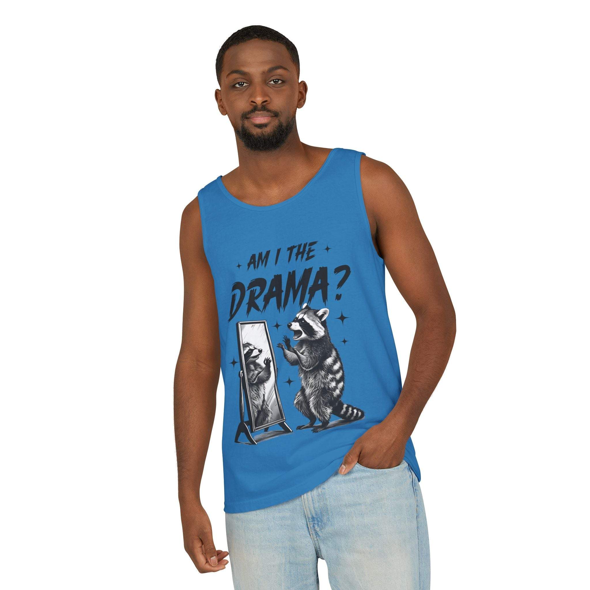Blue tank top with "Am I The Drama?" text and raccoon graphic, casual and trendy summer wear