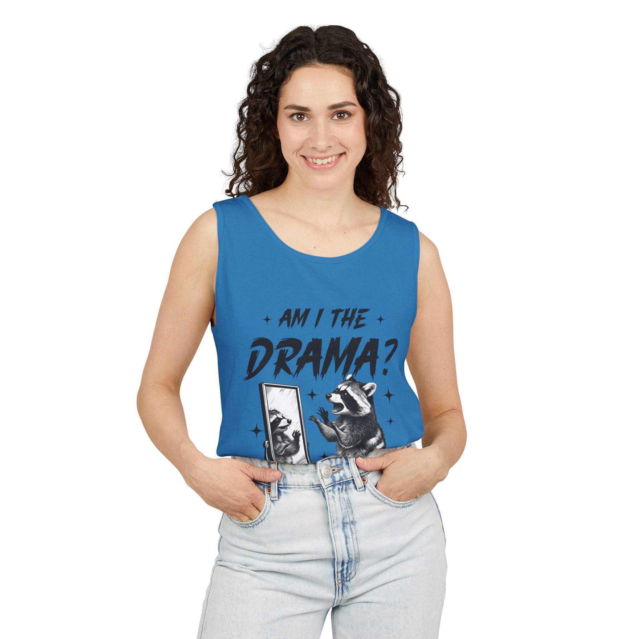 Blue tank top with "Am I The Drama?" raccoon design, casual and trendy summer wear