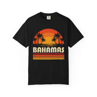 Bahamas Retro Sunset T-shirt with palm trees and vintage sunset stripes on chest