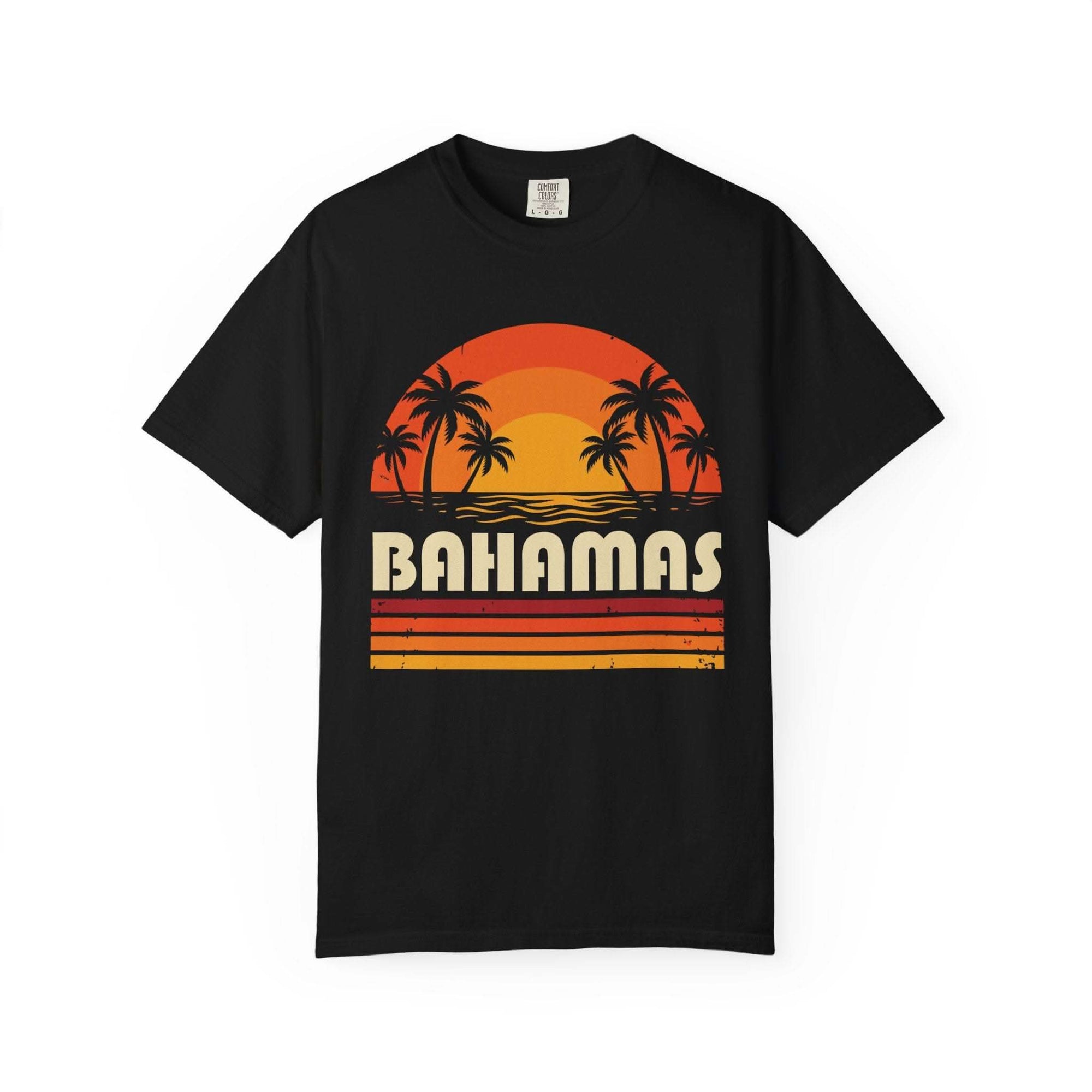 Bahamas Retro Sunset T-shirt with palm trees and vintage sunset stripes on chest