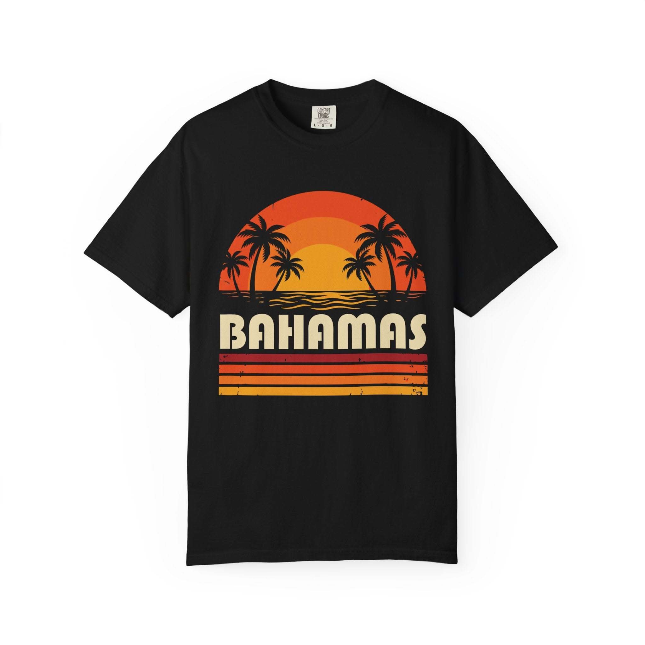 Bahamas Retro Sunset T-shirt with palm trees and vintage sunset stripes on chest