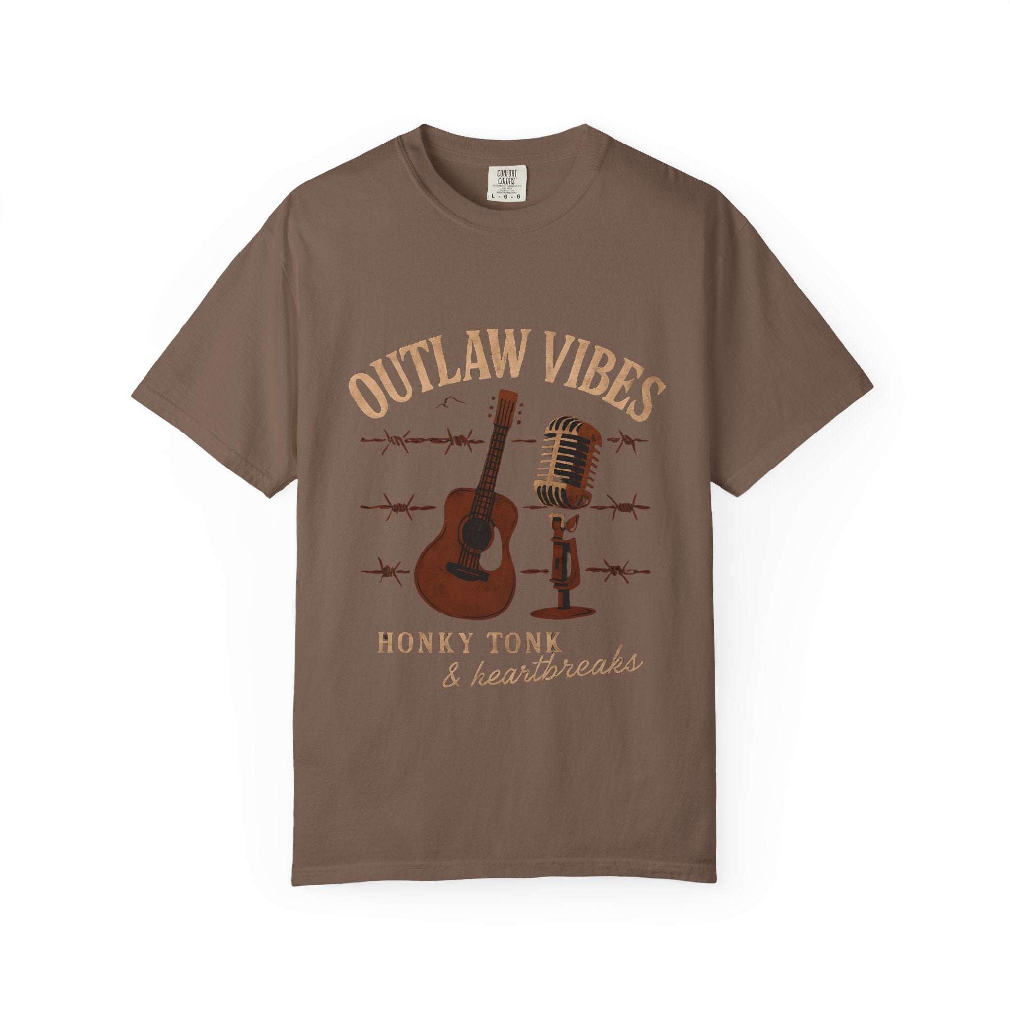 Brown t-shirt with 'Outlaw Vibes' graphic design featuring a guitar and microphone on a white background.