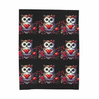 Floral Valentine Owl plush velveteen blanket with heart and blossoms design