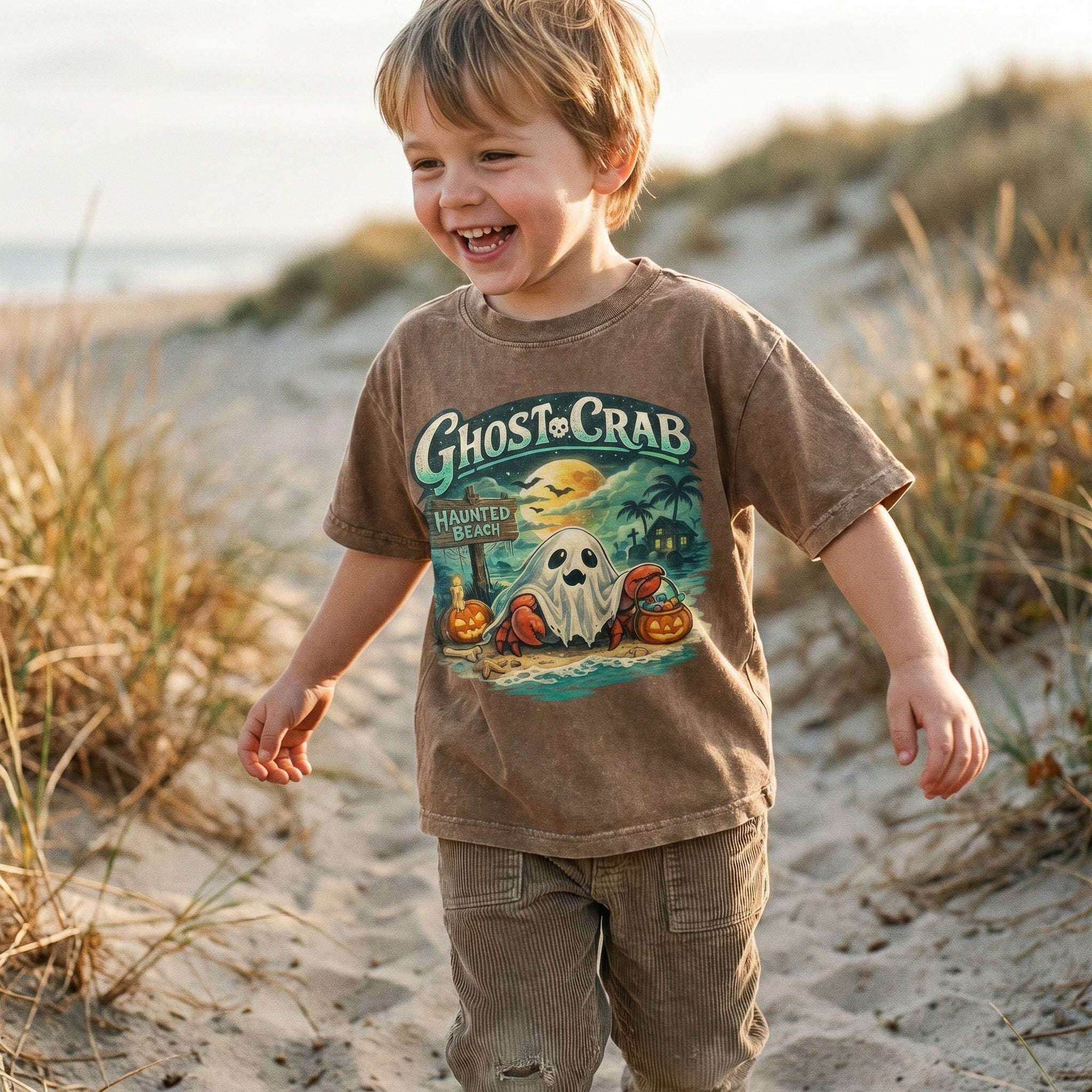 Kids' vintage cotton Ghost Crab Snow Washed T-Shirt with coastal Halloween graphic
