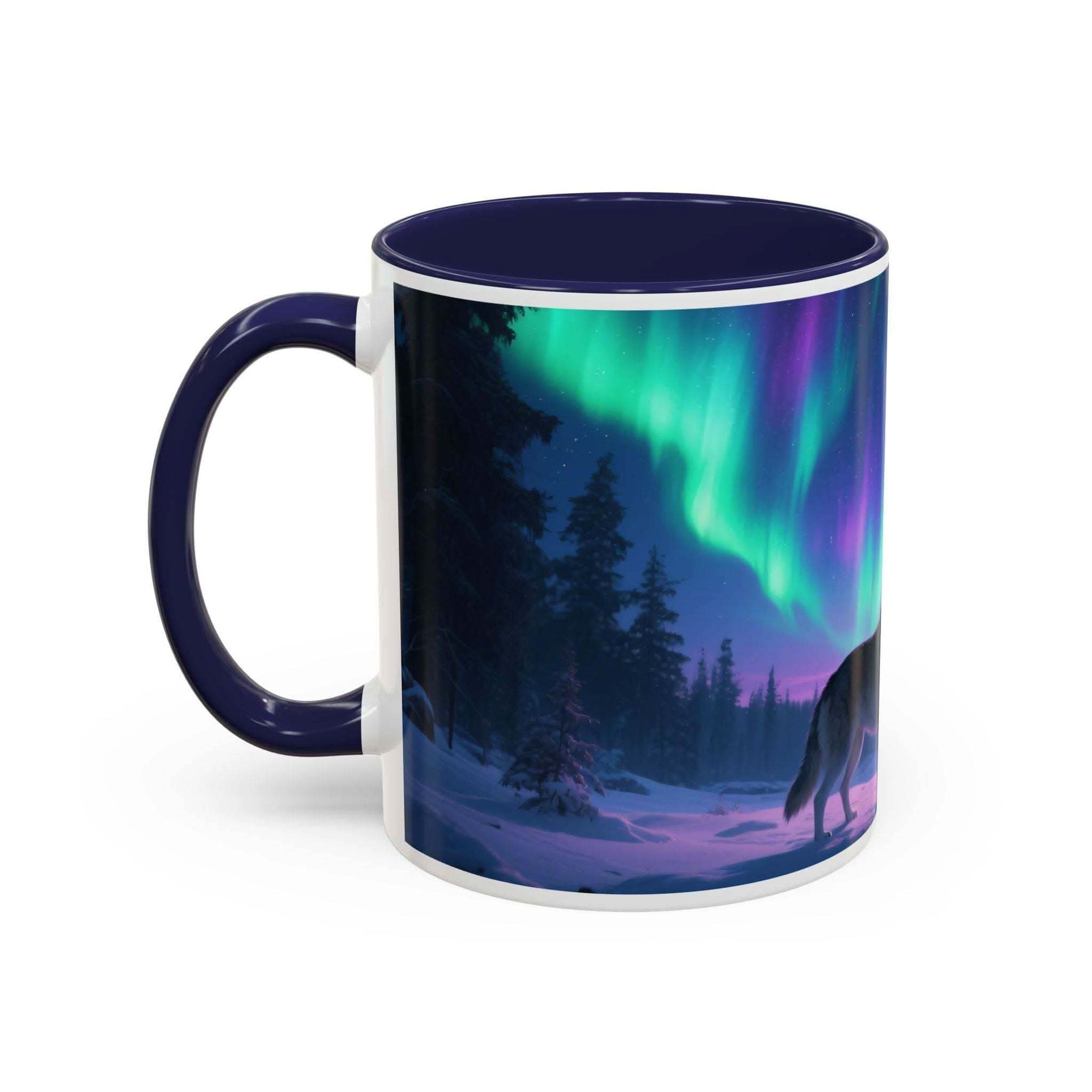 Mug with a design of a wolf under the Northern Lights in a forest.