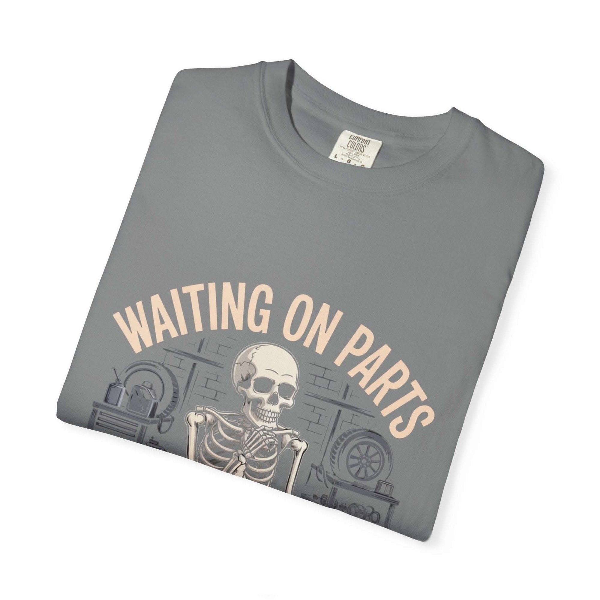 Vintage garment-dyed Waiting on Parts TShirt with soft cotton, relaxed fit, and mechanic-inspired design