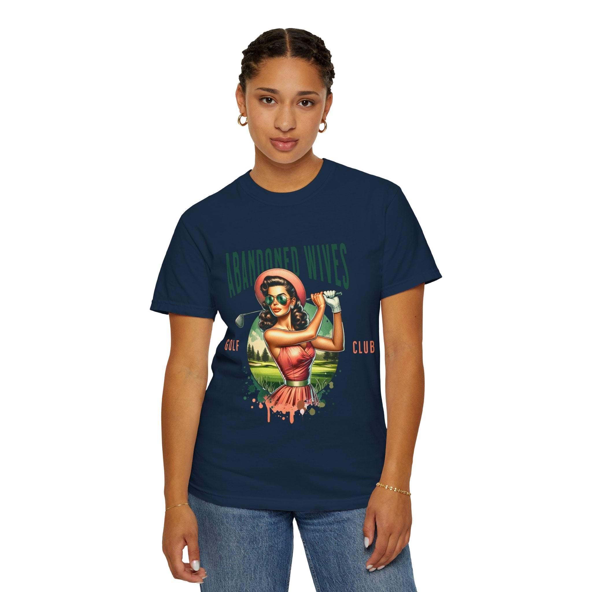 Vintage unisex t-shirt with Abandoned Wives Golf Club graphic, navy blue, casual golf-themed apparel