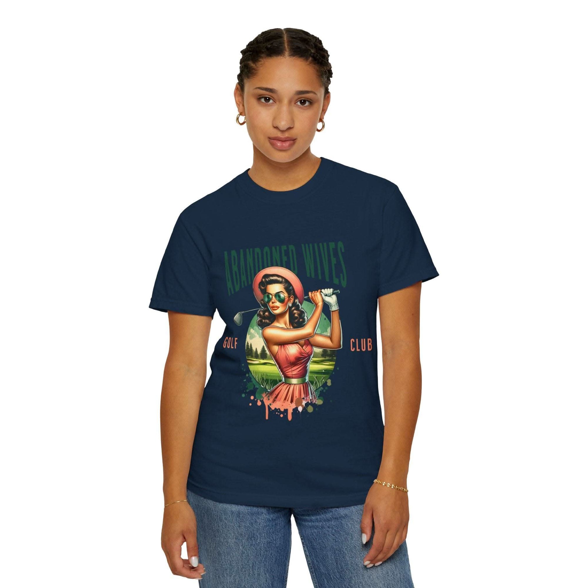 Vintage unisex t-shirt with Abandoned Wives Golf Club graphic, navy blue, casual golf-themed apparel