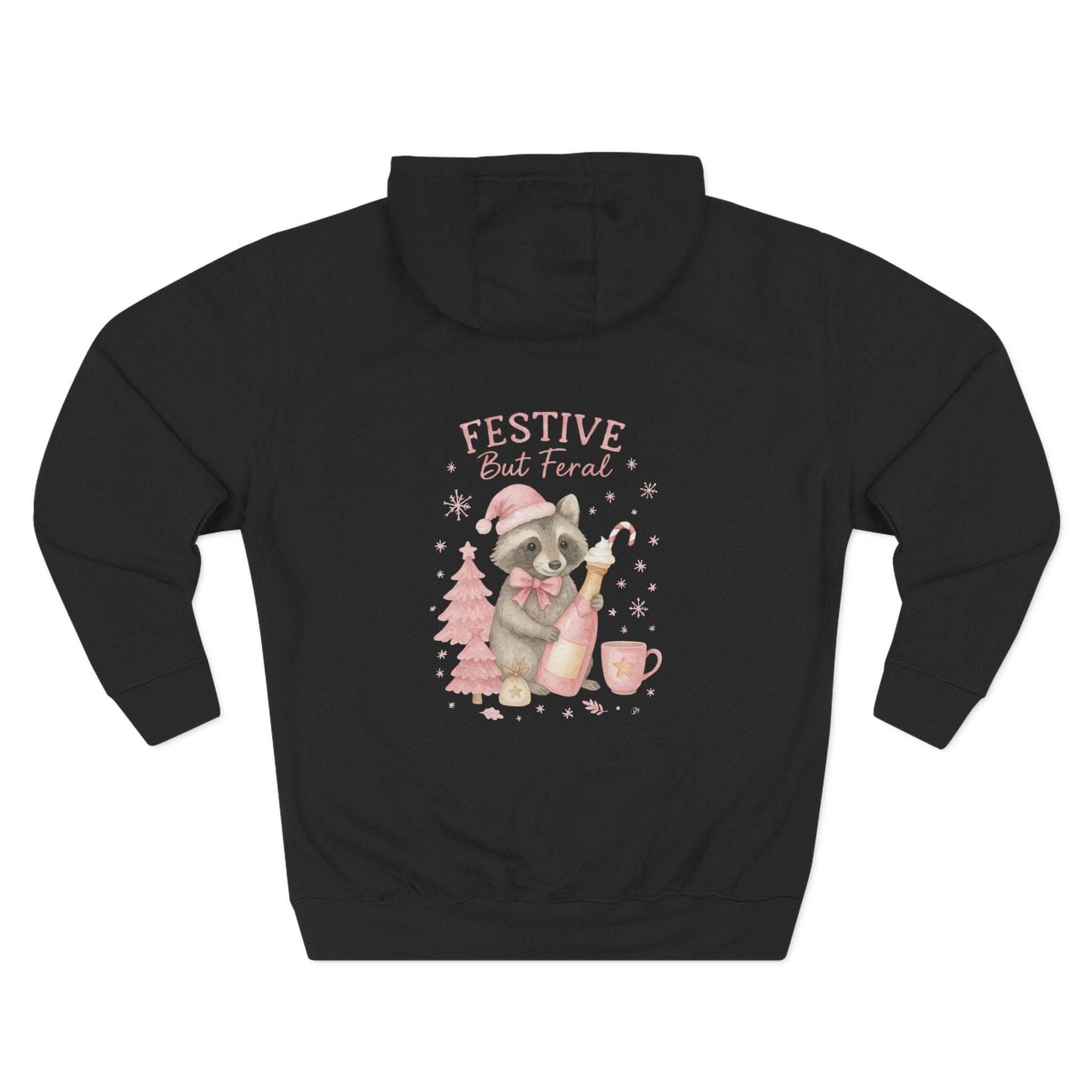 Black fleece hoodie with festive raccoon design and "Festive But Feral" text on back