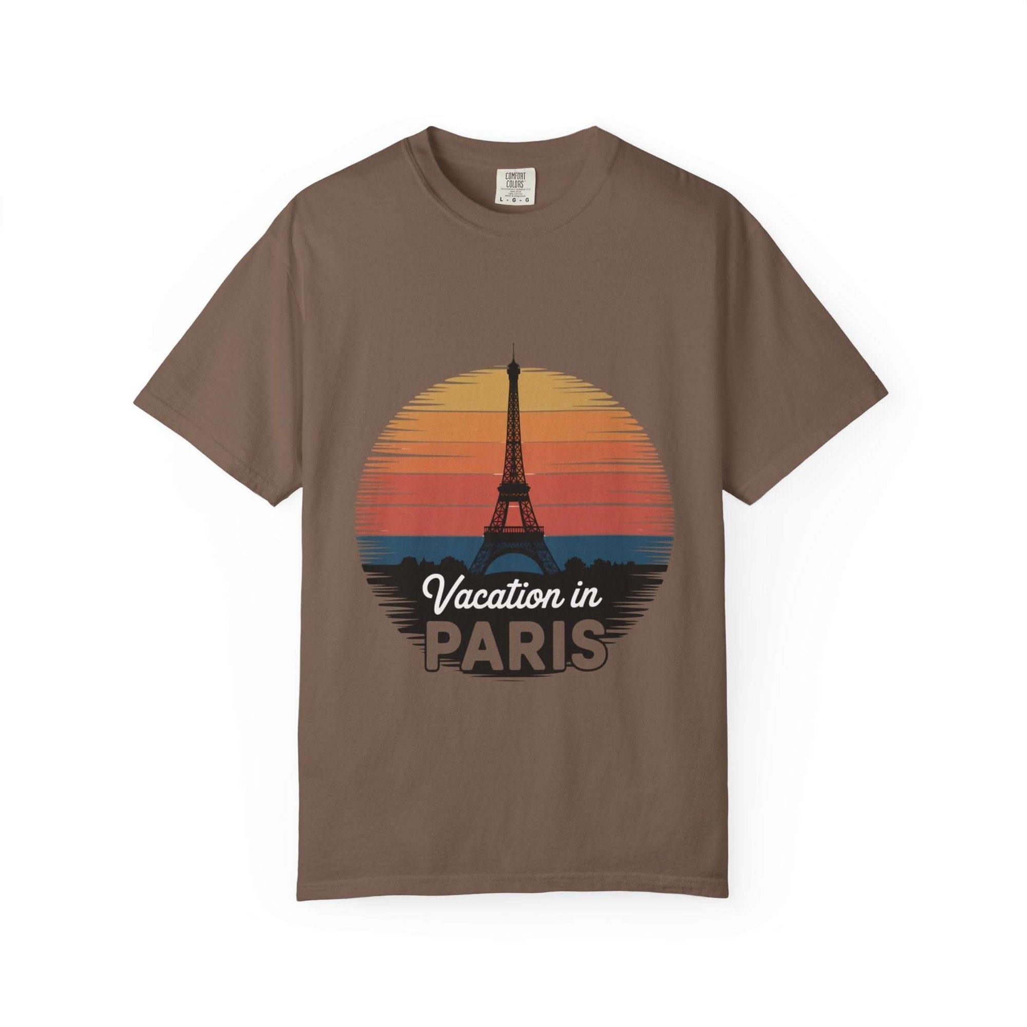 Garment-dyed red t-shirt featuring 'Vacation in Paris' design, from Printify, in vintage style