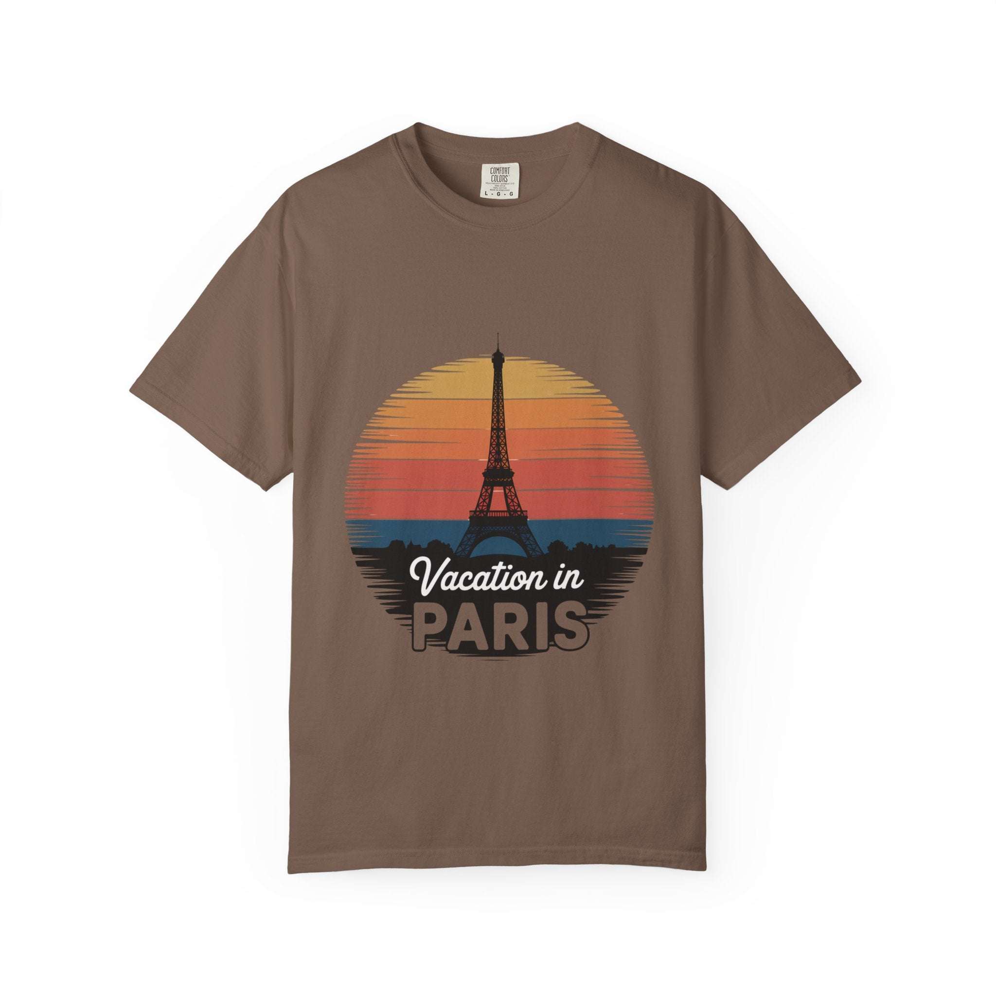 Garment-dyed red t-shirt featuring 'Vacation in Paris' design, from Printify, in vintage style