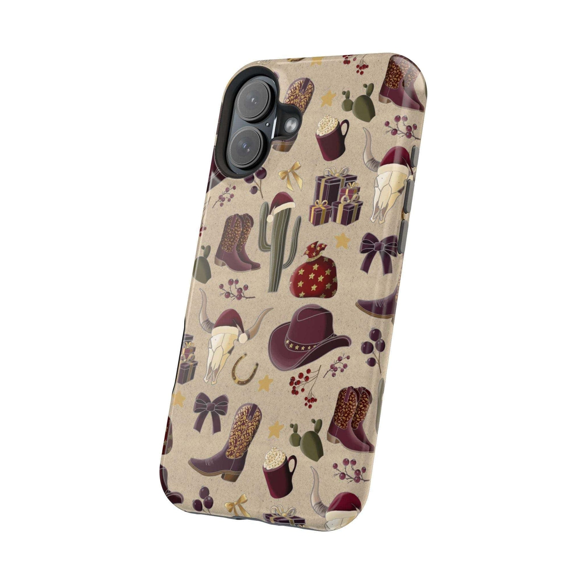 Cowboy Christmas design phone case for iPhone 17 in glossy finish by Printify, featuring festive colors and patterns.