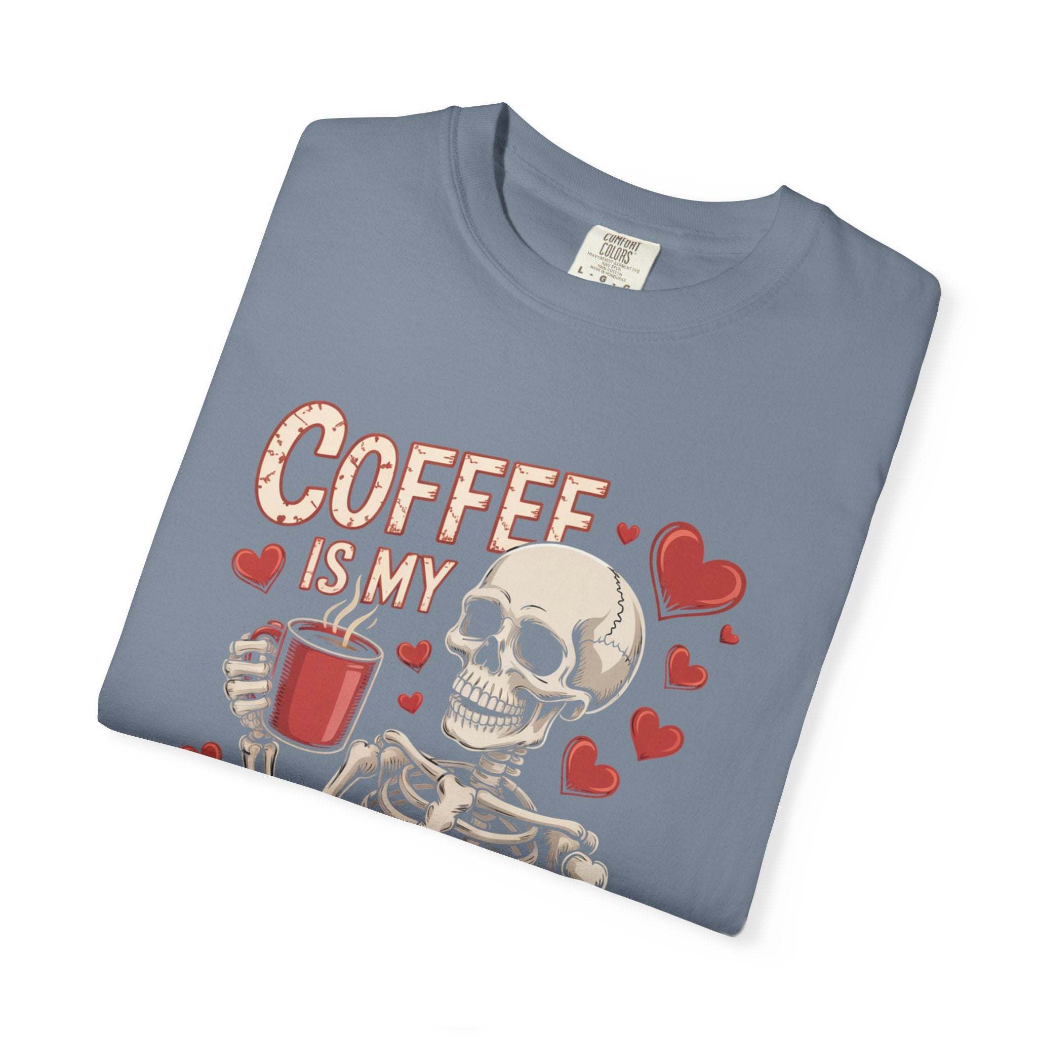 Coffee Is My Valentine skeleton graphic vintage-washed t-shirt with relaxed fit