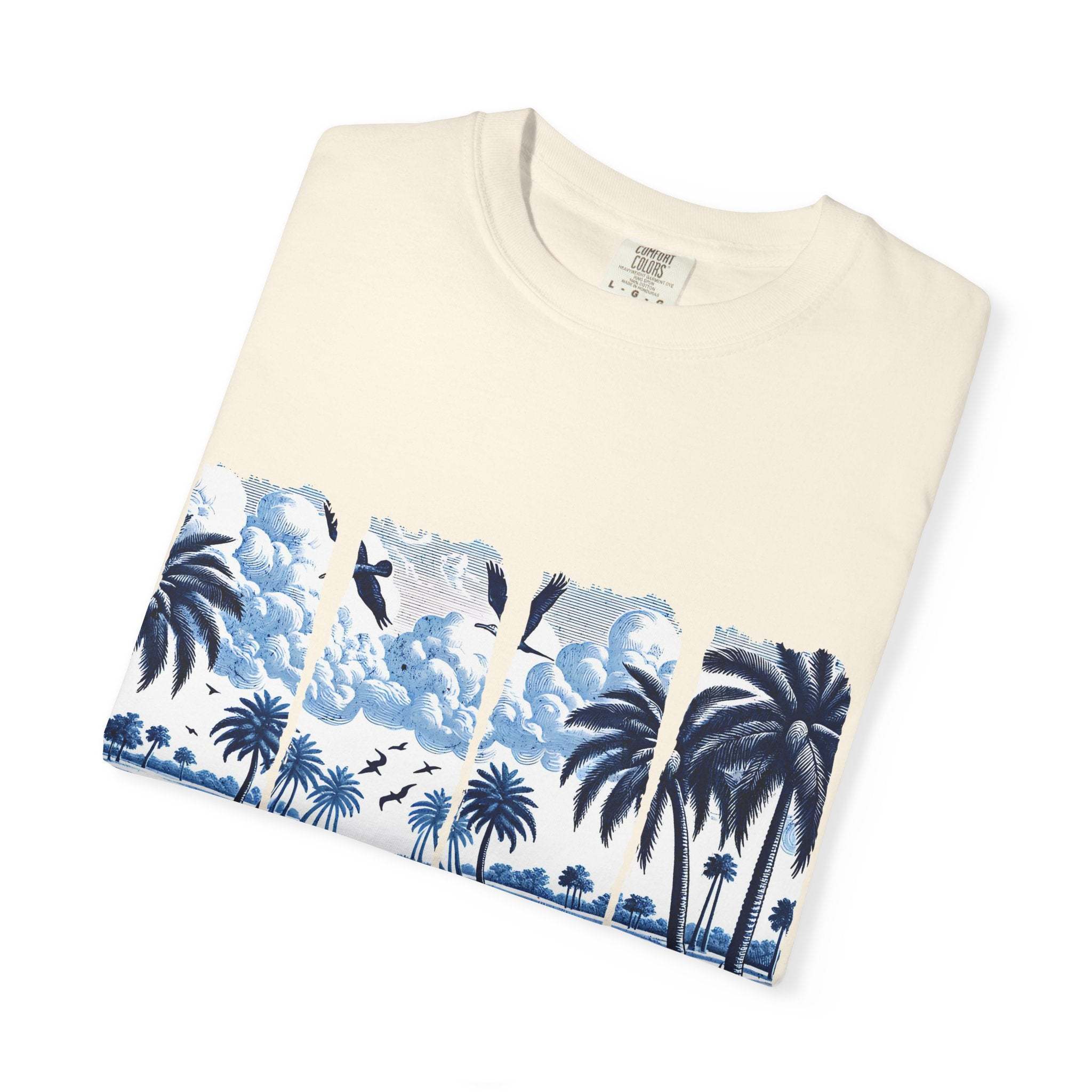 Blue Chinoise Brushstroke T-Shirt with soft blue chinoiserie brushstroke design on garment-dyed cotton fabric