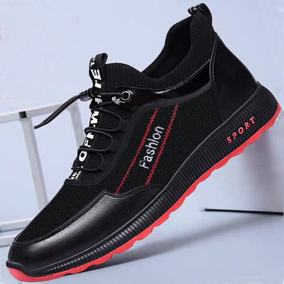 Black and red casual street men's shoe with microfiber upper and rubber sole, featuring lace-up design and "Fashion" text detail.