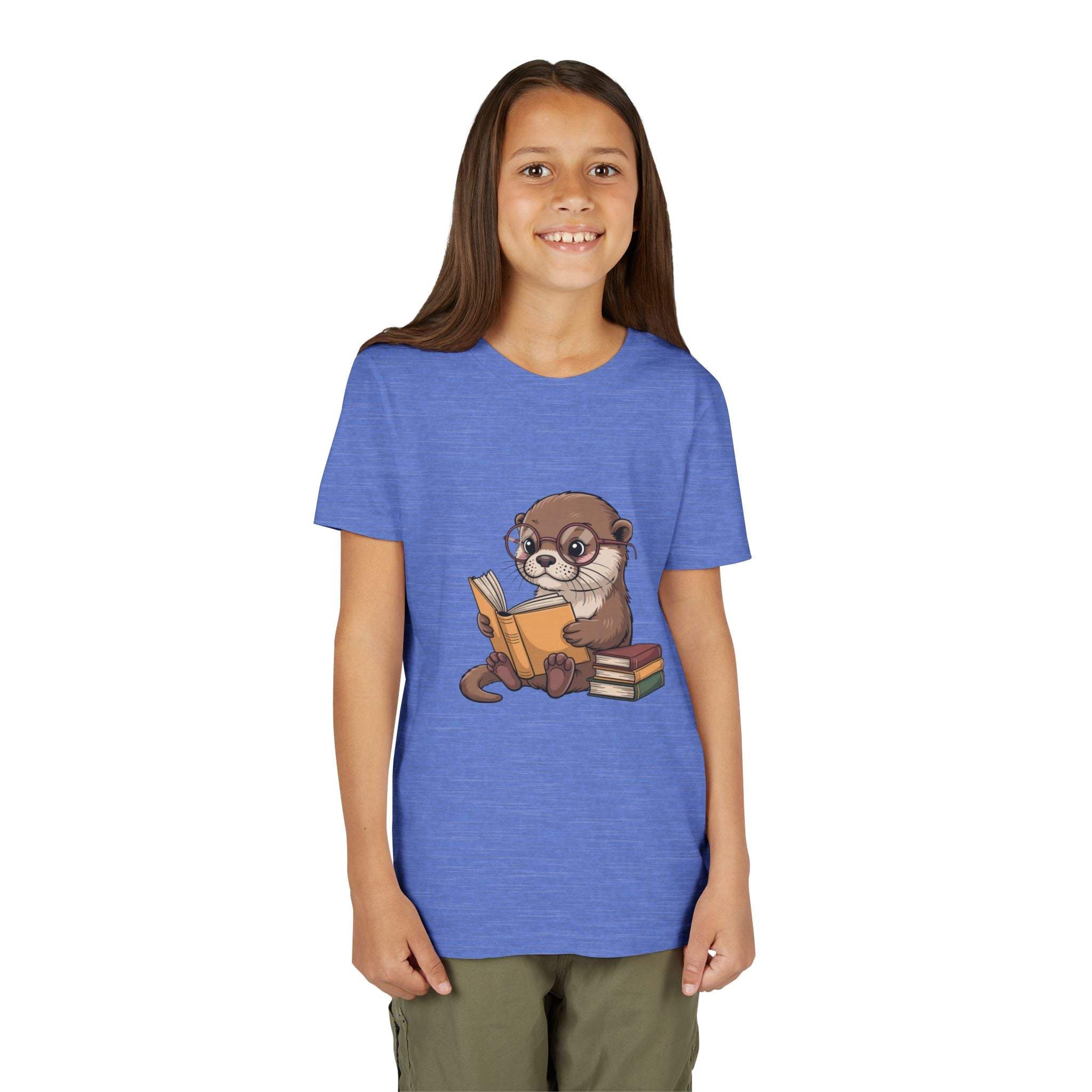 Youth tee with playful reading otter graphic, lightweight and breathable for kids