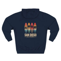 Retro San Diego surfboard graphic navy fleece hoodie with adjustable hood and kangaroo pocket