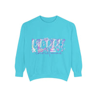 Blue unisex sweatshirt with iridescent Merry Christmas design and relaxed fit