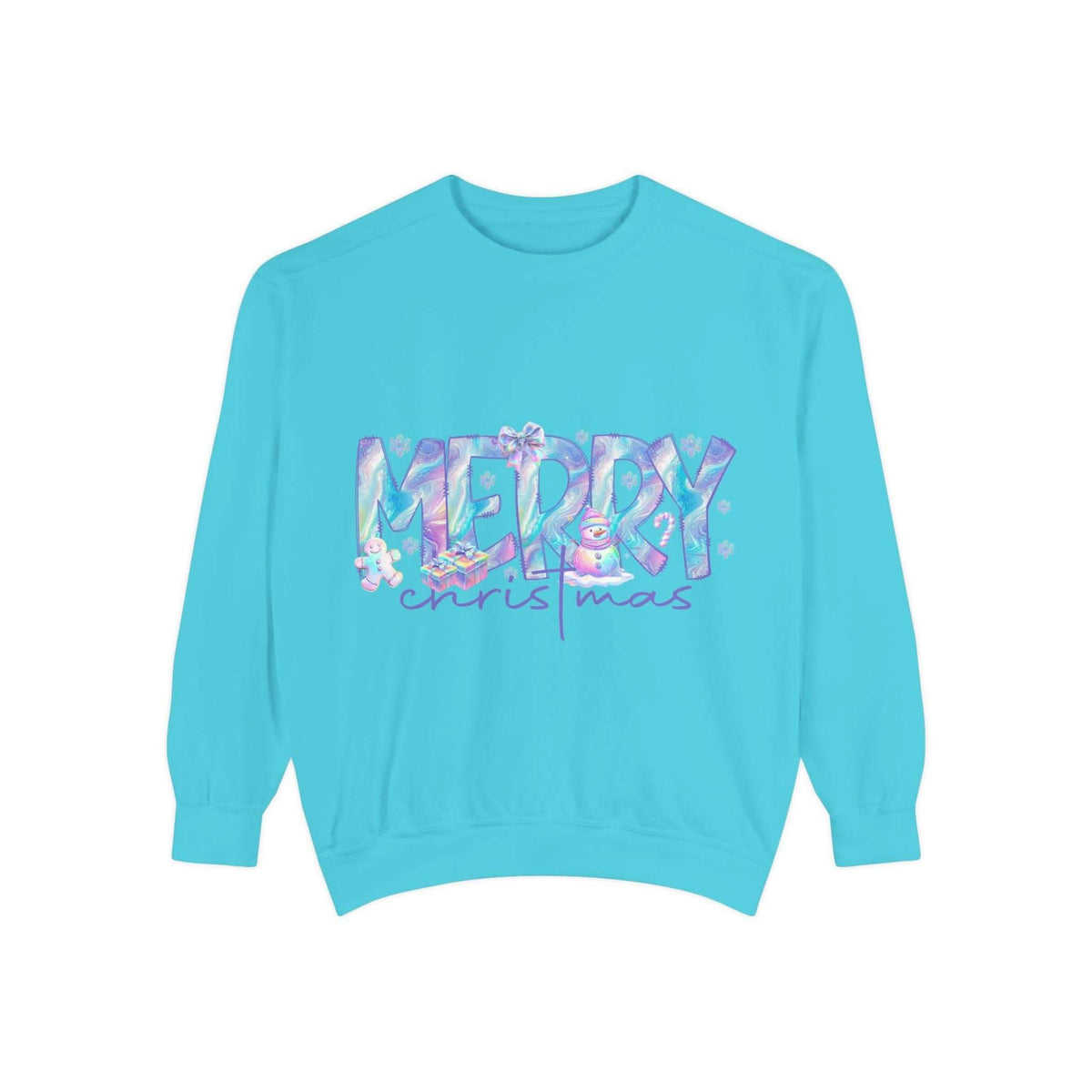 Blue unisex sweatshirt with iridescent Merry Christmas design and relaxed fit